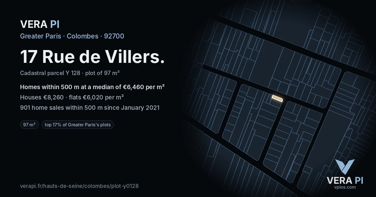17 Rue de Villers, Colombes at night – the plot lit, the parcels around coloured by the prices near them