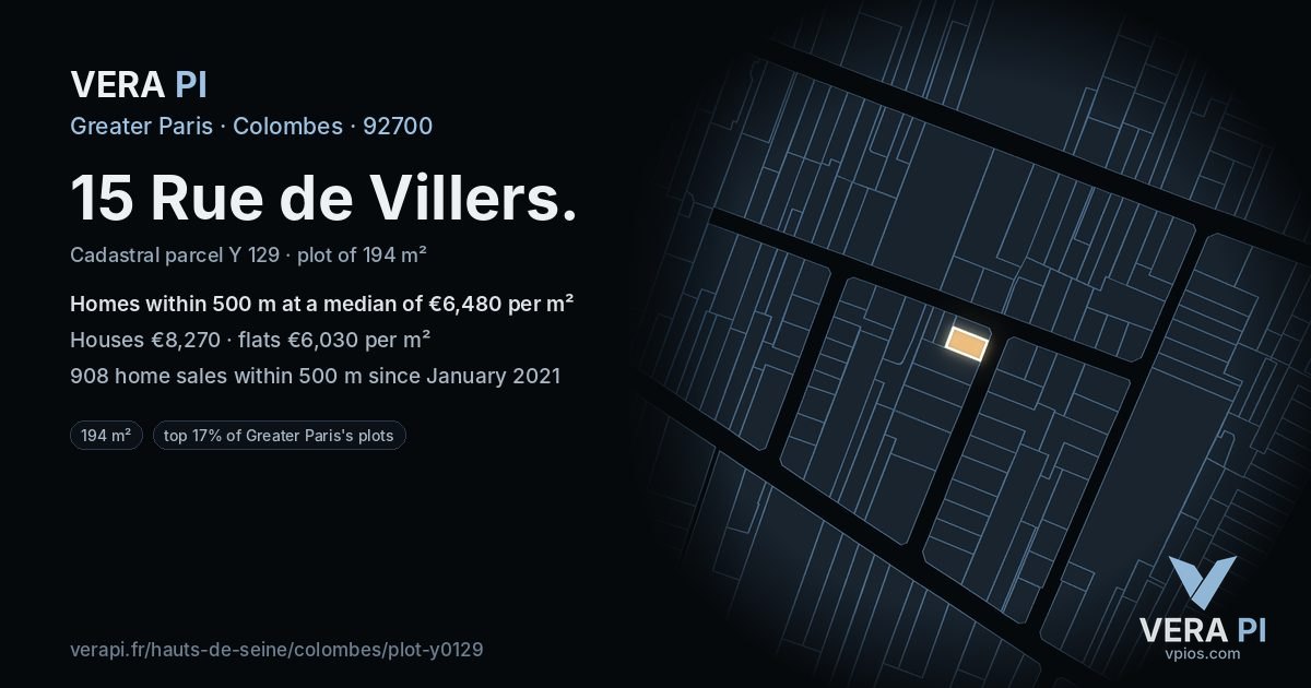 15 Rue de Villers, Colombes at night – the plot lit, the parcels around coloured by the prices near them