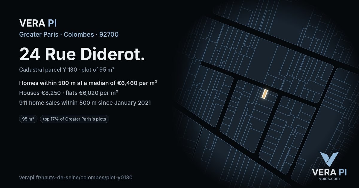 24 Rue Diderot, Colombes at night – the plot lit, the parcels around coloured by the prices near them