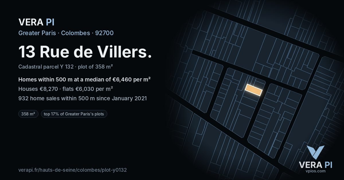 13 Rue de Villers, Colombes at night – the plot lit, the parcels around coloured by the prices near them