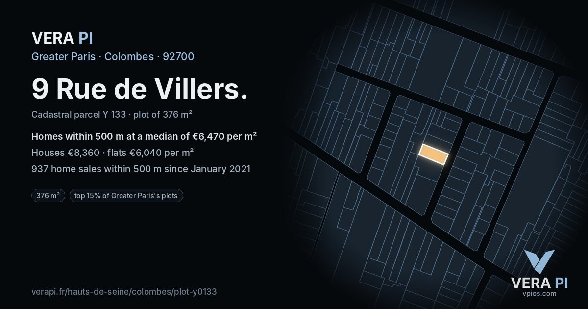 9 Rue de Villers, Colombes at night – the plot lit, the parcels around coloured by the prices near them