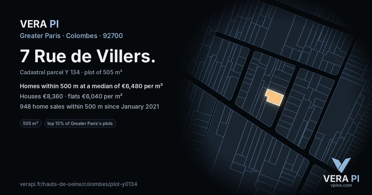 7 Rue de Villers, Colombes at night – the plot lit, the parcels around coloured by the prices near them