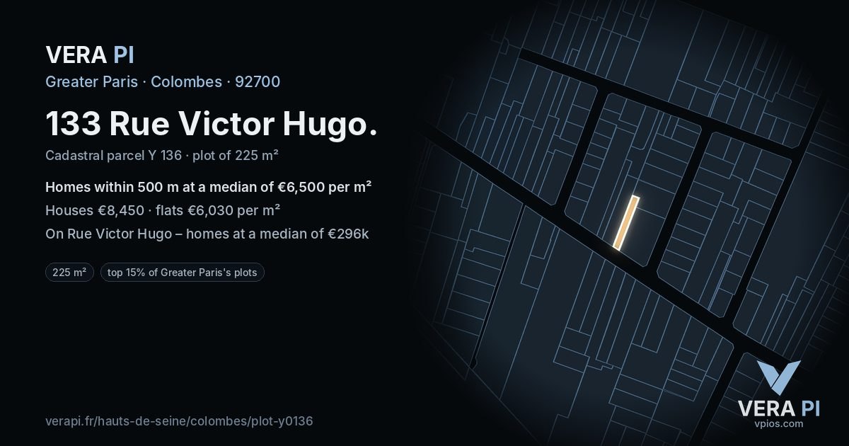 133 Rue Victor Hugo, Colombes at night – the plot lit, the parcels around coloured by the prices near them