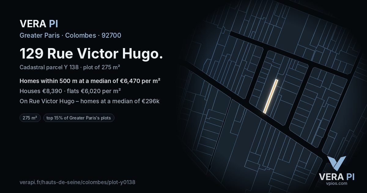 129 Rue Victor Hugo, Colombes at night – the plot lit, the parcels around coloured by the prices near them