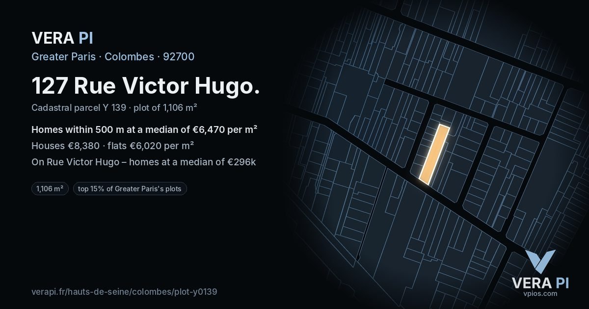 127 Rue Victor Hugo, Colombes at night – the plot lit, the parcels around coloured by the prices near them
