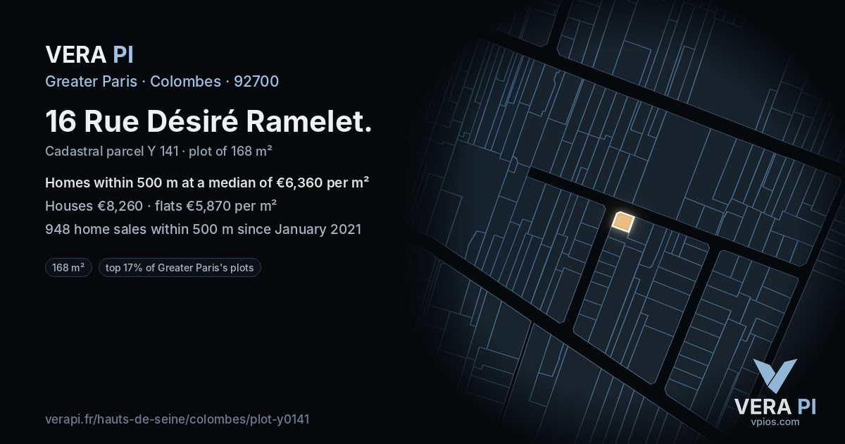 16 Rue Désiré Ramelet, Colombes at night – the plot lit, the parcels around coloured by the prices near them