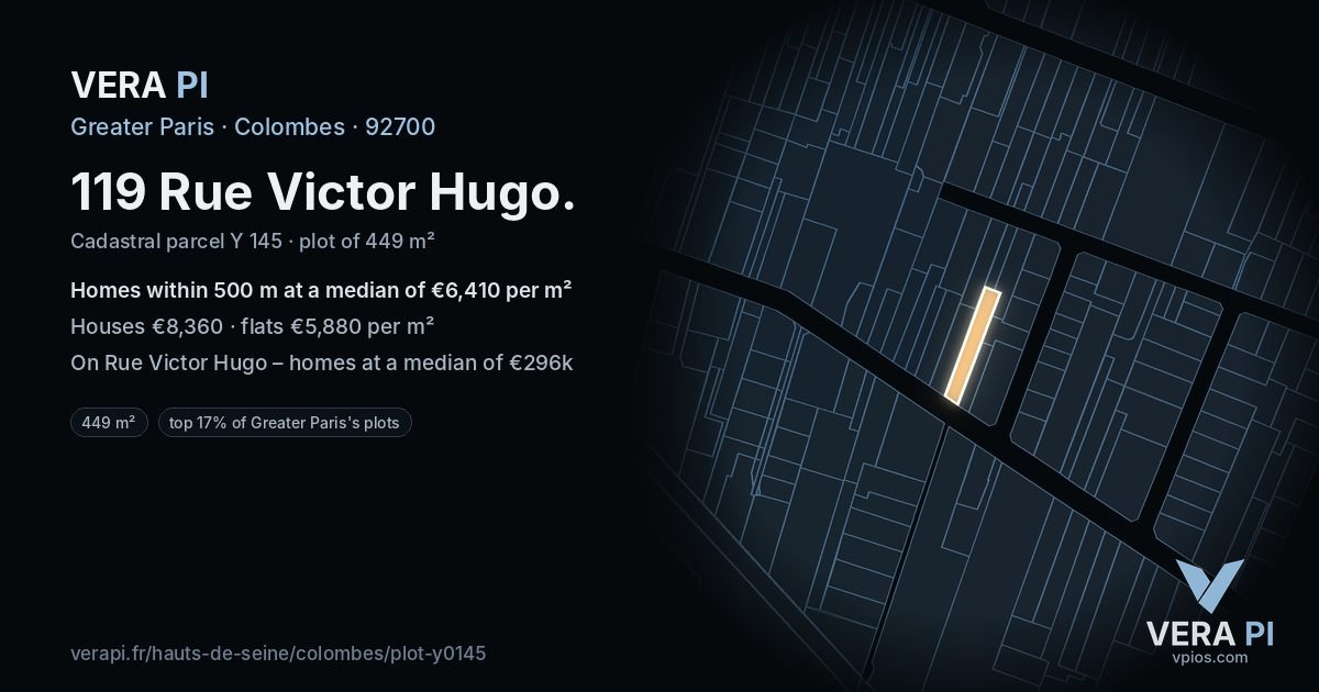 119 Rue Victor Hugo, Colombes at night – the plot lit, the parcels around coloured by the prices near them