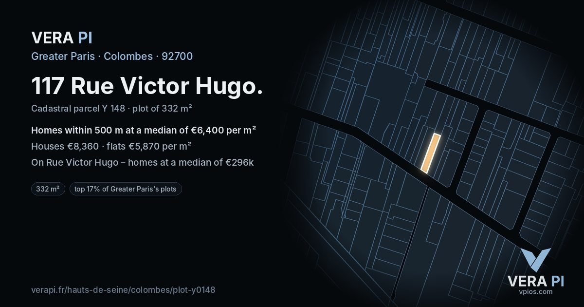 117 Rue Victor Hugo, Colombes at night – the plot lit, the parcels around coloured by the prices near them
