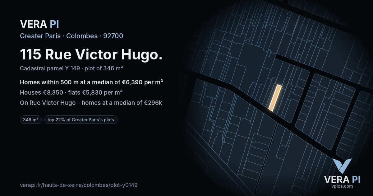 115 Rue Victor Hugo, Colombes at night – the plot lit, the parcels around coloured by the prices near them