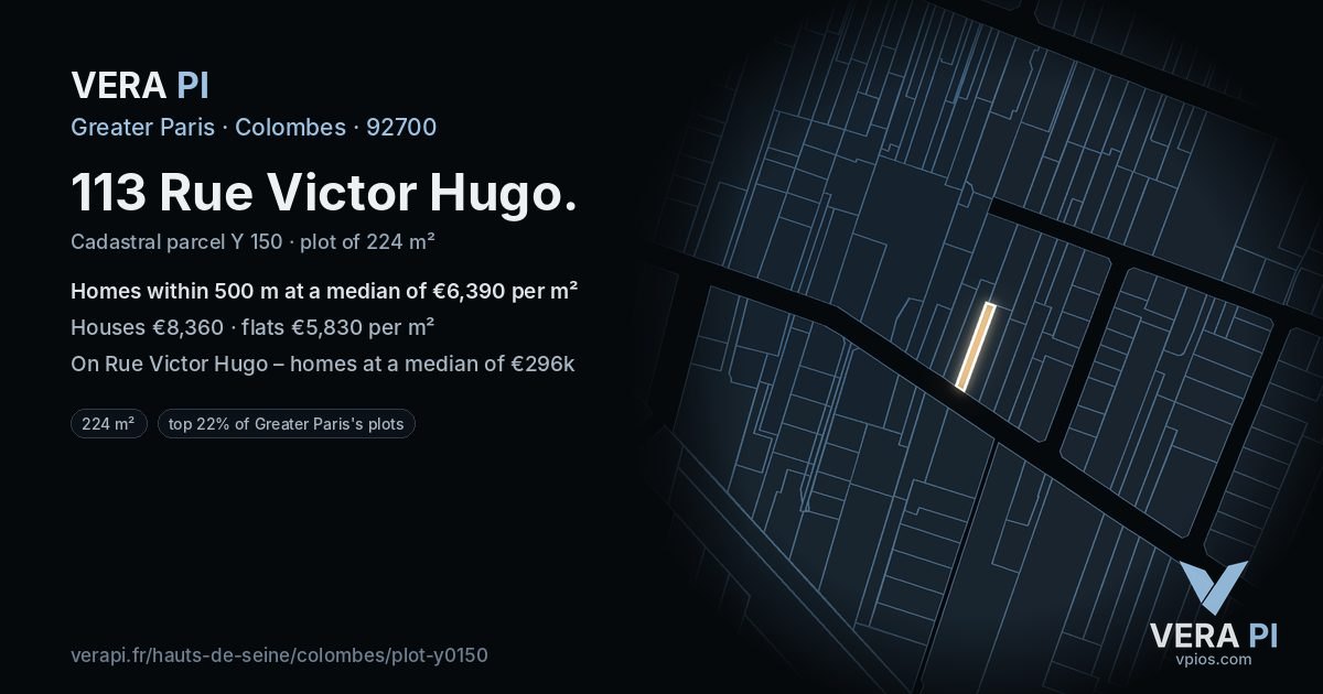 113 Rue Victor Hugo, Colombes at night – the plot lit, the parcels around coloured by the prices near them