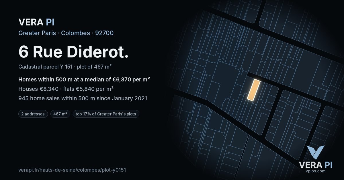 6 Rue Diderot, Colombes at night – the plot lit, the parcels around coloured by the prices near them