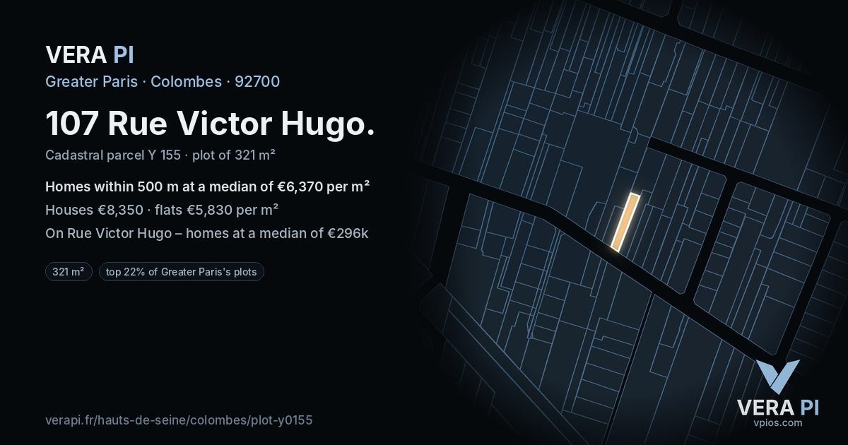 107 Rue Victor Hugo, Colombes at night – the plot lit, the parcels around coloured by the prices near them