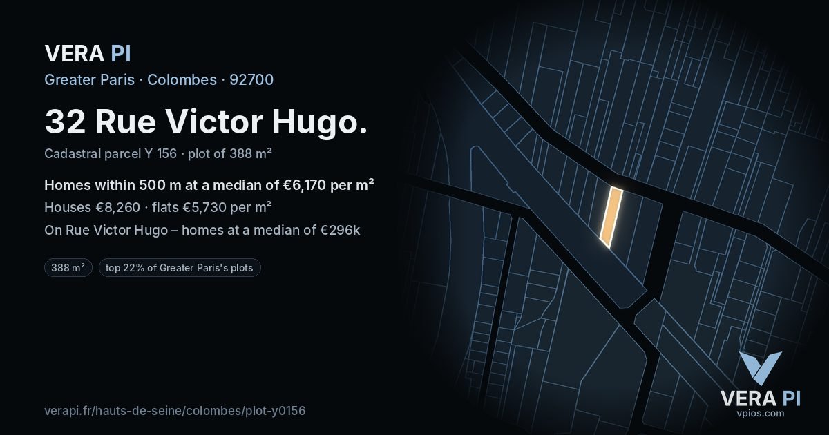 32 Rue Victor Hugo, Colombes at night – the plot lit, the parcels around coloured by the prices near them