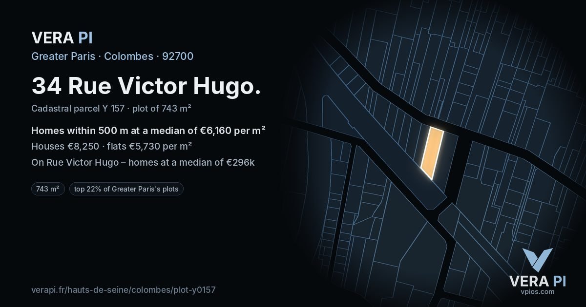 34 Rue Victor Hugo, Colombes at night – the plot lit, the parcels around coloured by the prices near them