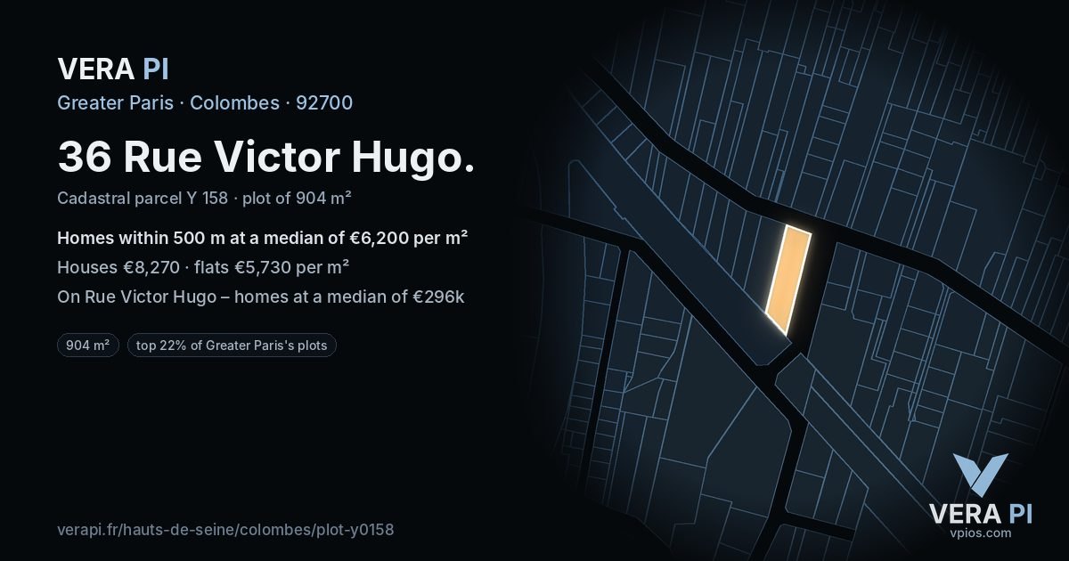 36 Rue Victor Hugo, Colombes at night – the plot lit, the parcels around coloured by the prices near them