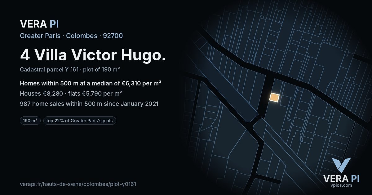 4 Villa Victor Hugo, Colombes at night – the plot lit, the parcels around coloured by the prices near them