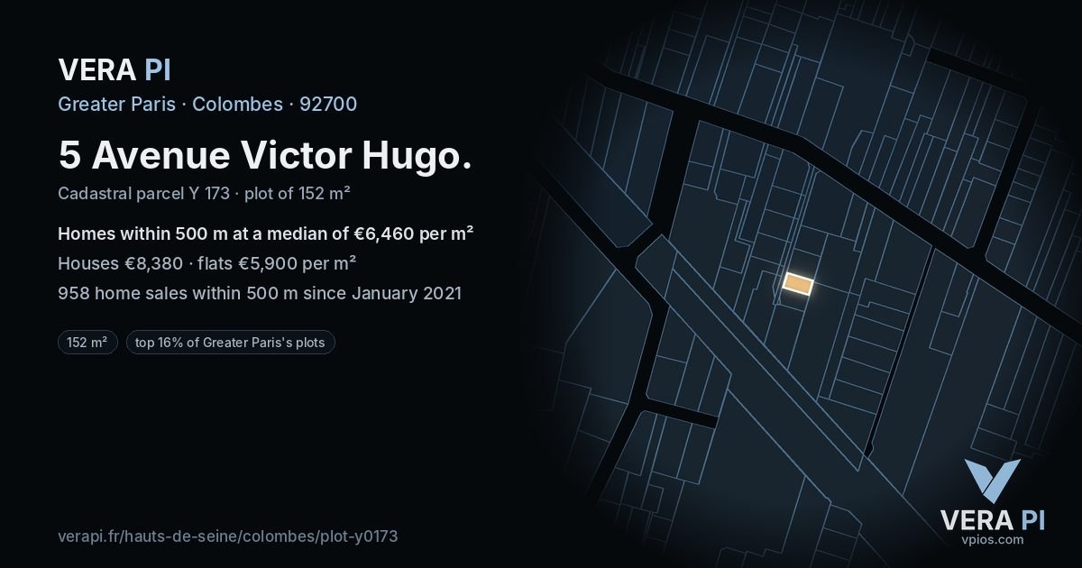 5 Avenue Victor Hugo, Colombes at night – the plot lit, the parcels around coloured by the prices near them