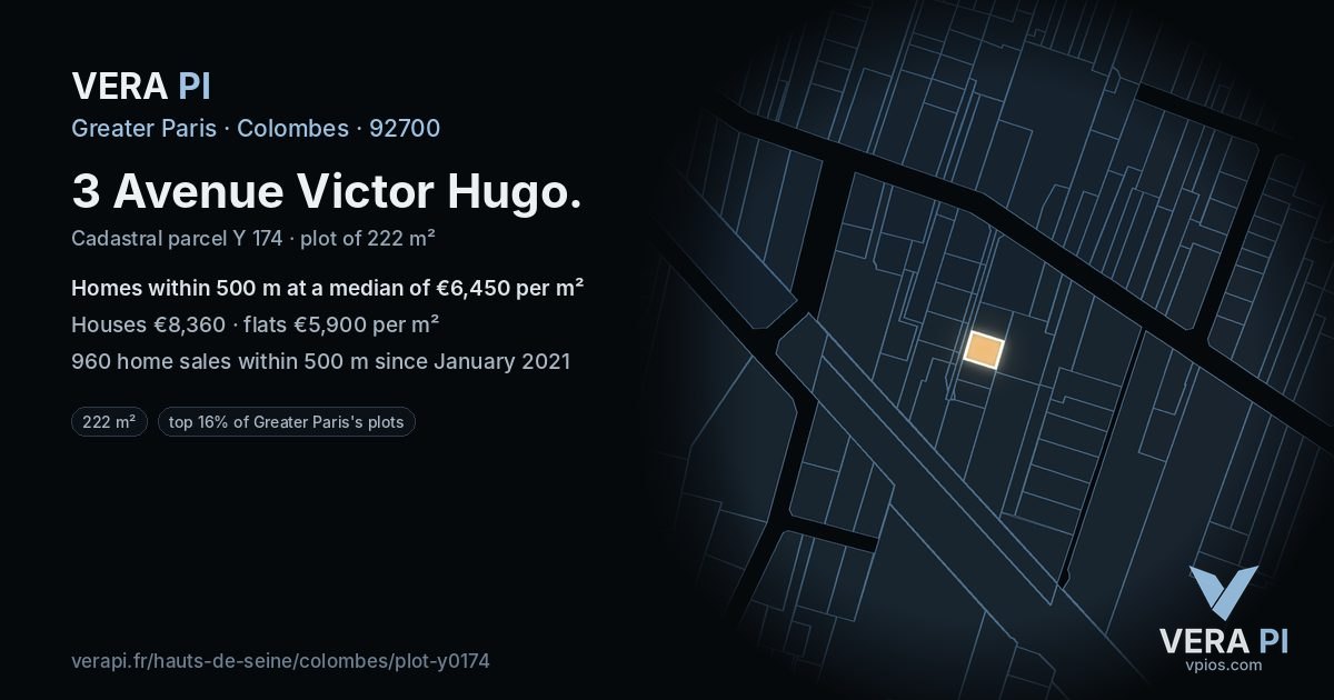 3 Avenue Victor Hugo, Colombes at night – the plot lit, the parcels around coloured by the prices near them