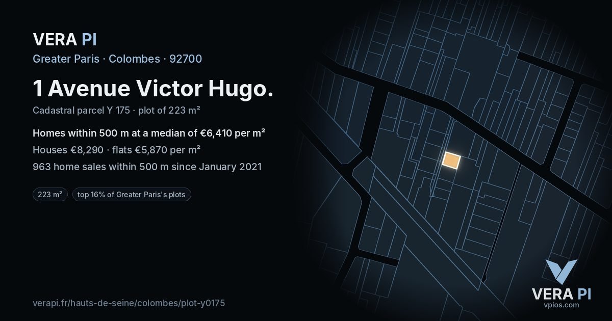 1 Avenue Victor Hugo, Colombes at night – the plot lit, the parcels around coloured by the prices near them