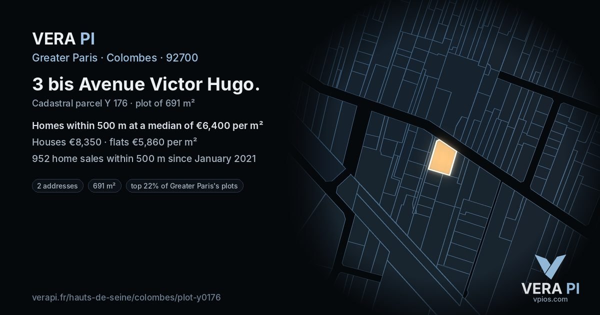 3 bis Avenue Victor Hugo, Colombes at night – the plot lit, the parcels around coloured by the prices near them