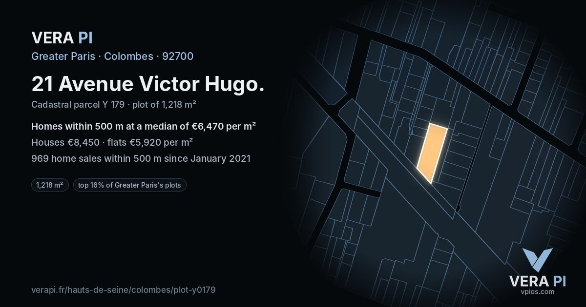 21 Avenue Victor Hugo, Colombes at night – the plot lit, the parcels around coloured by the prices near them