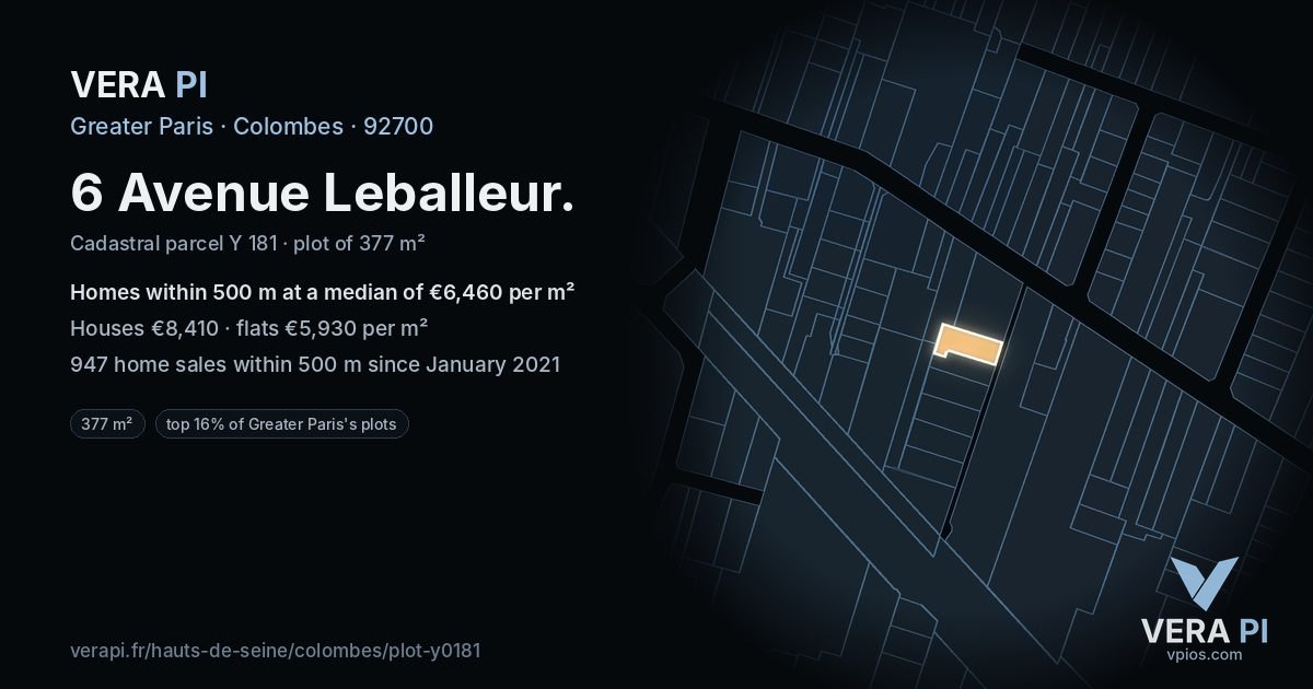 6 Avenue Leballeur, Colombes at night – the plot lit, the parcels around coloured by the prices near them
