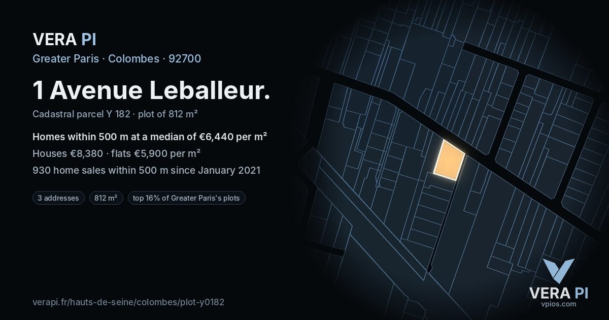 1 Avenue Leballeur, Colombes at night – the plot lit, the parcels around coloured by the prices near them