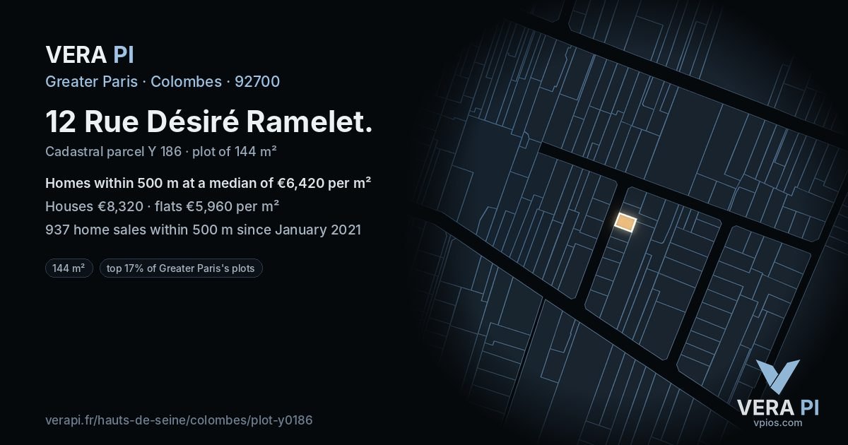 12 Rue Désiré Ramelet, Colombes at night – the plot lit, the parcels around coloured by the prices near them