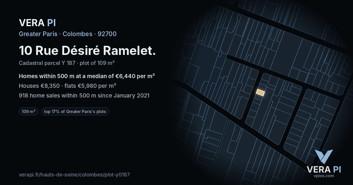 10 Rue Désiré Ramelet, Colombes at night – the plot lit, the parcels around coloured by the prices near them