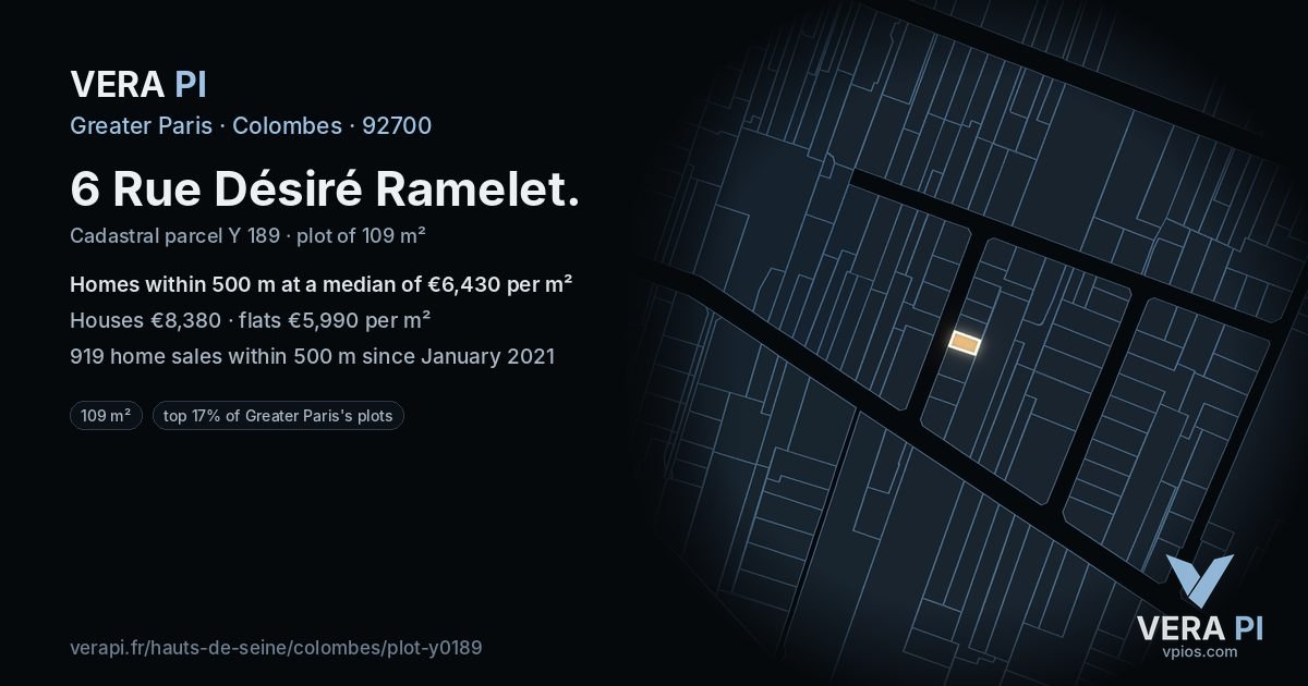 6 Rue Désiré Ramelet, Colombes at night – the plot lit, the parcels around coloured by the prices near them