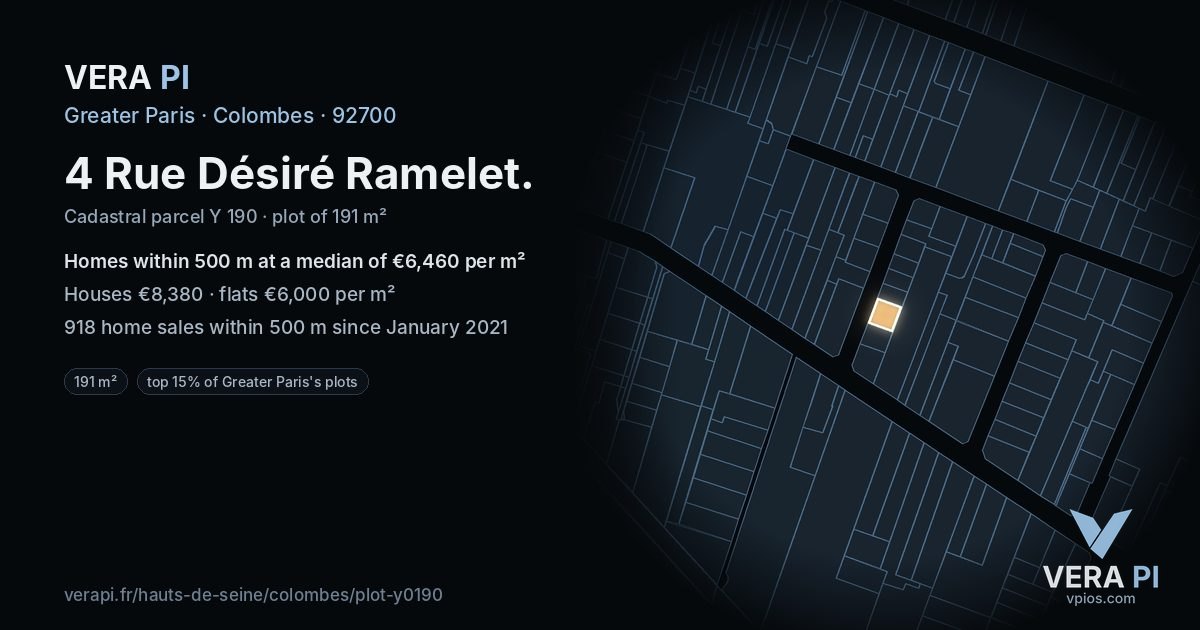 4 Rue Désiré Ramelet, Colombes at night – the plot lit, the parcels around coloured by the prices near them