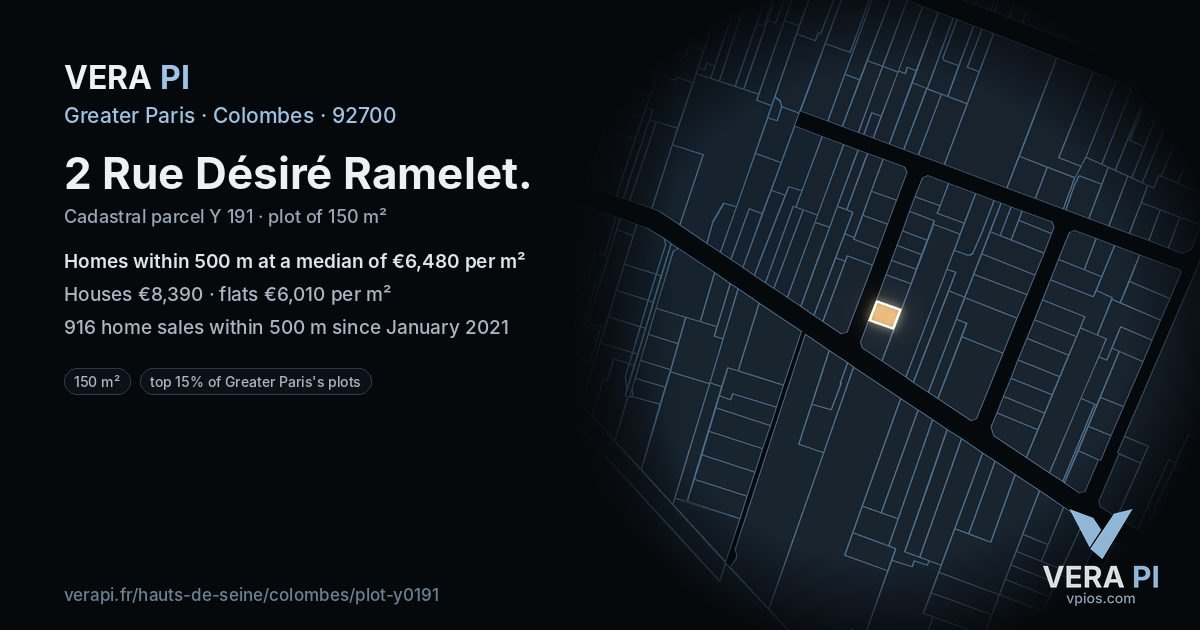 2 Rue Désiré Ramelet, Colombes at night – the plot lit, the parcels around coloured by the prices near them