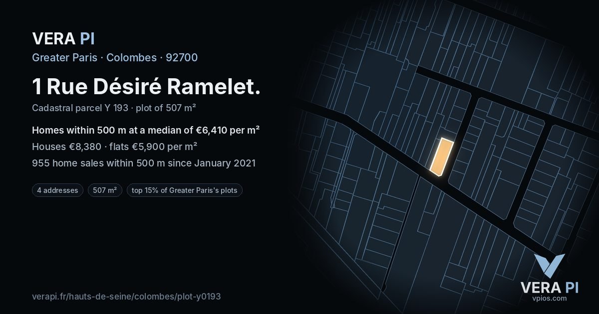 1 Rue Désiré Ramelet, Colombes at night – the plot lit, the parcels around coloured by the prices near them