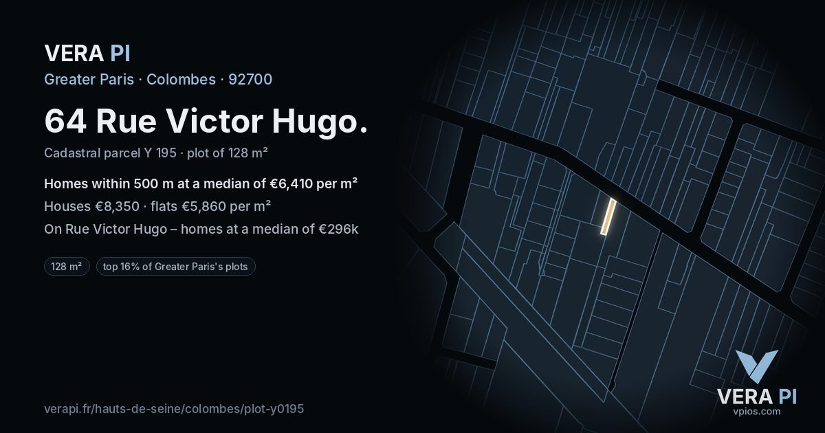64 Rue Victor Hugo, Colombes at night – the plot lit, the parcels around coloured by the prices near them