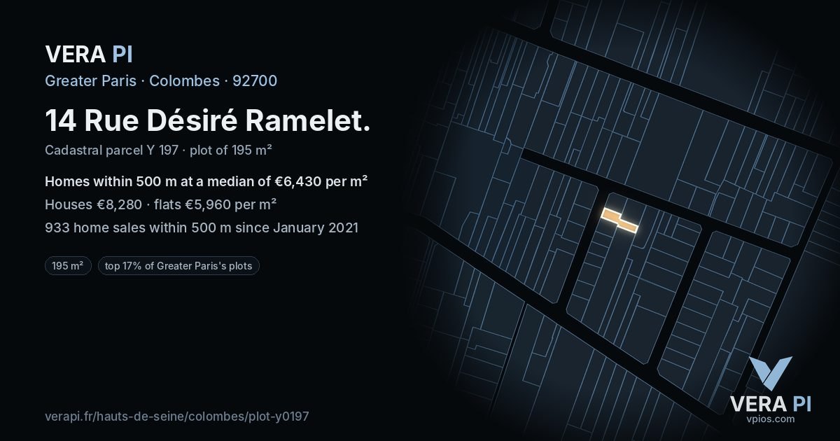 14 Rue Désiré Ramelet, Colombes at night – the plot lit, the parcels around coloured by the prices near them