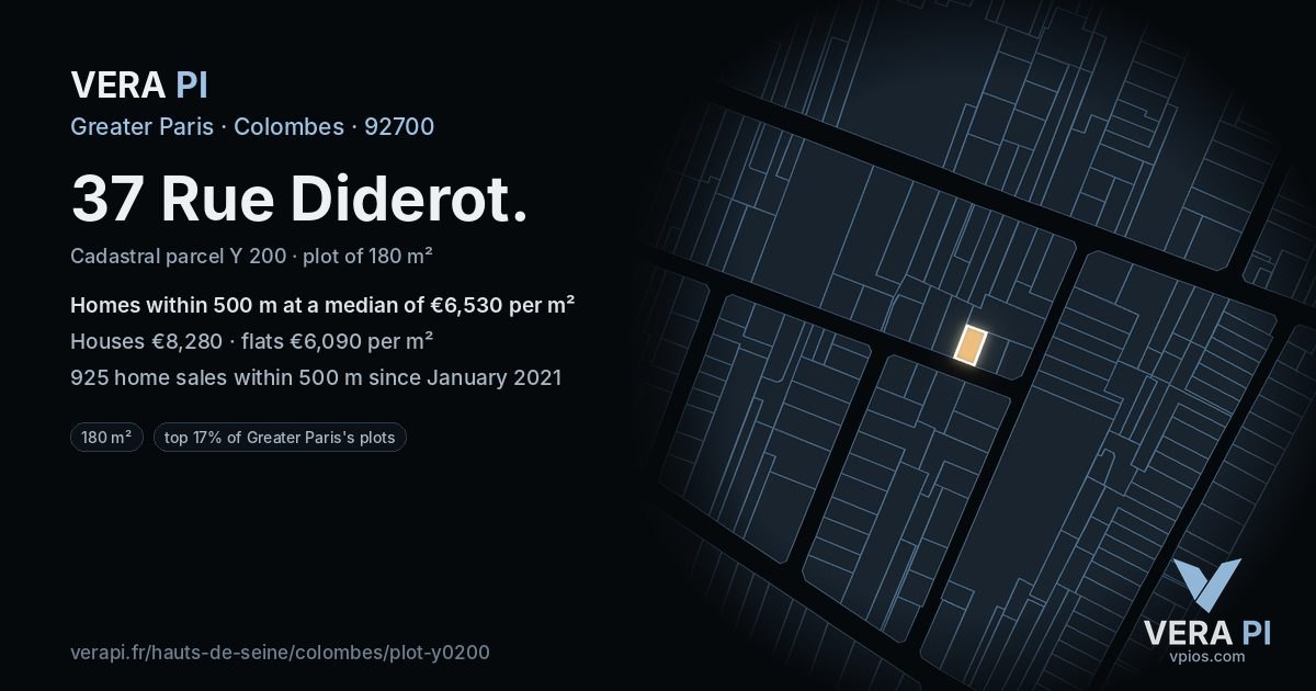 37 Rue Diderot, Colombes at night – the plot lit, the parcels around coloured by the prices near them
