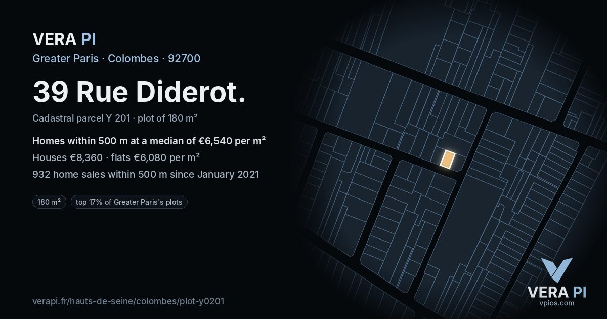 39 Rue Diderot, Colombes at night – the plot lit, the parcels around coloured by the prices near them