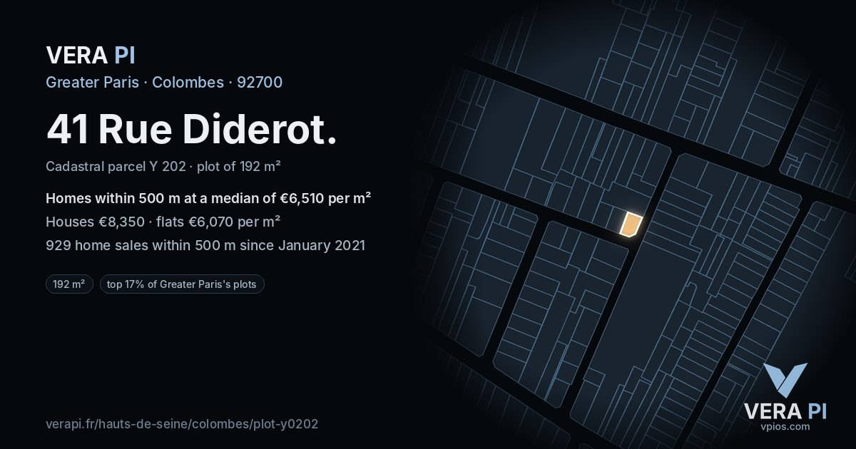 41 Rue Diderot, Colombes at night – the plot lit, the parcels around coloured by the prices near them