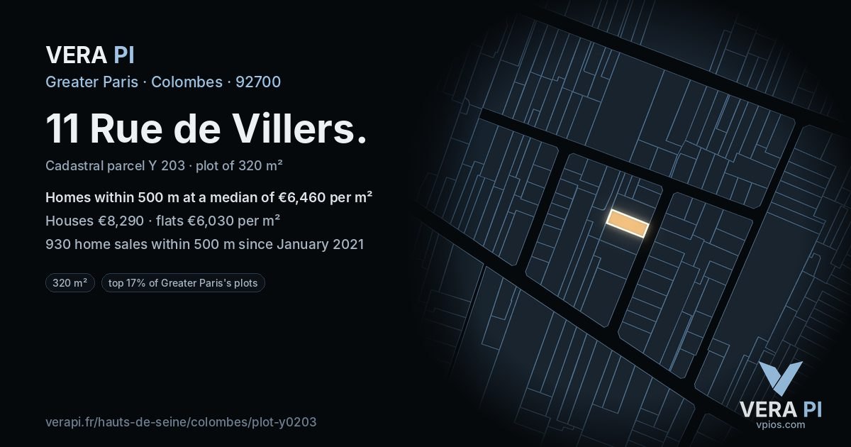11 Rue de Villers, Colombes at night – the plot lit, the parcels around coloured by the prices near them