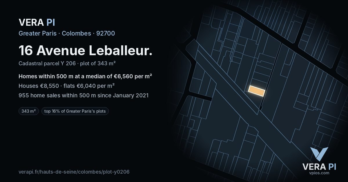 16 Avenue Leballeur, Colombes at night – the plot lit, the parcels around coloured by the prices near them