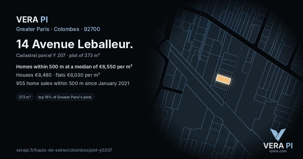 14 Avenue Leballeur, Colombes at night – the plot lit, the parcels around coloured by the prices near them
