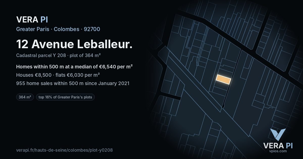12 Avenue Leballeur, Colombes at night – the plot lit, the parcels around coloured by the prices near them