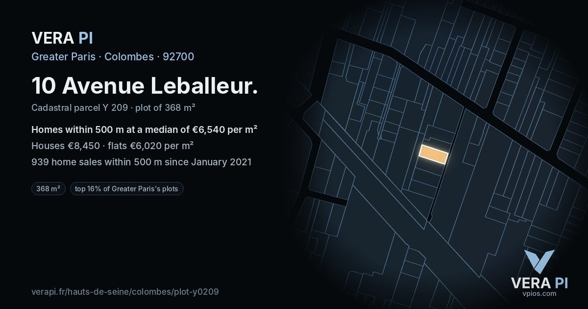 10 Avenue Leballeur, Colombes at night – the plot lit, the parcels around coloured by the prices near them