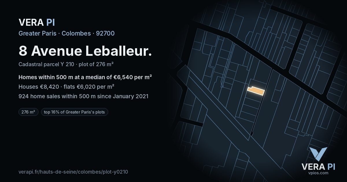 8 Avenue Leballeur, Colombes at night – the plot lit, the parcels around coloured by the prices near them