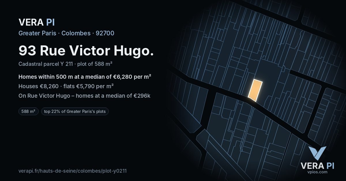 93 Rue Victor Hugo, Colombes at night – the plot lit, the parcels around coloured by the prices near them