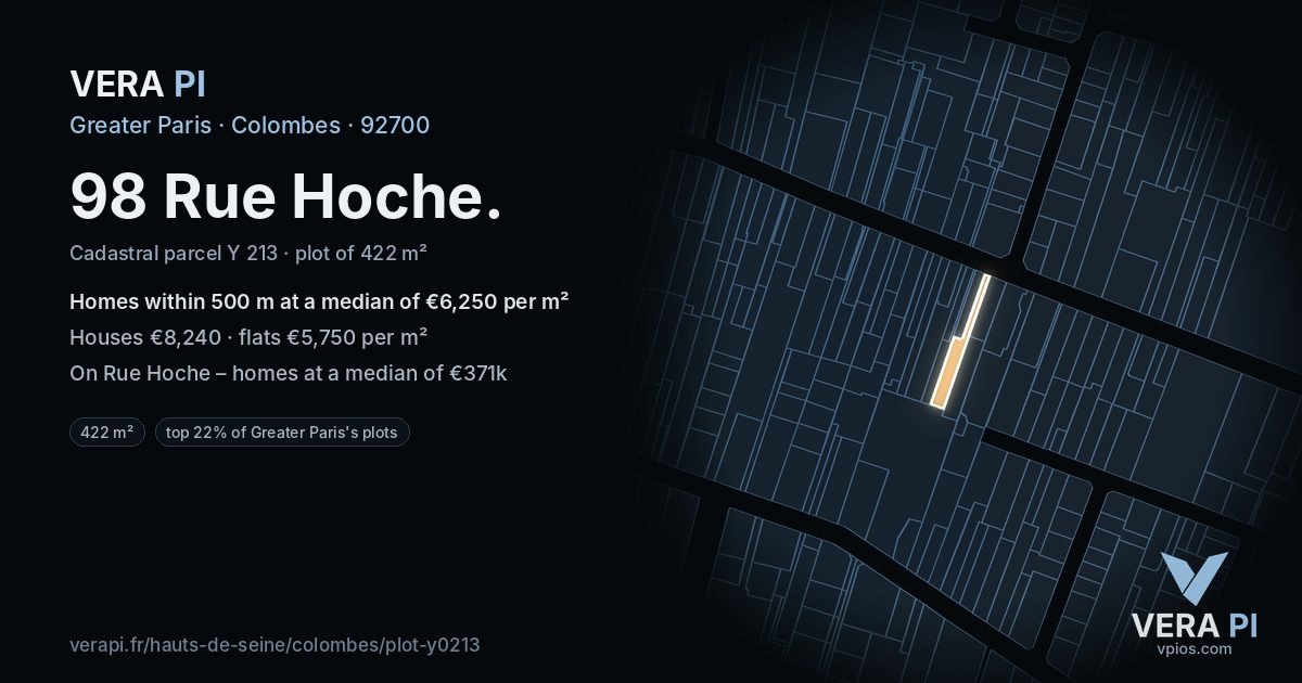 98 Rue Hoche, Colombes at night – the plot lit, the parcels around coloured by the prices near them