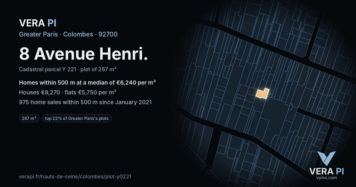 8 Avenue Henri, Colombes at night – the plot lit, the parcels around coloured by the prices near them