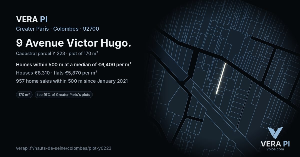 9 Avenue Victor Hugo, Colombes at night – the plot lit, the parcels around coloured by the prices near them