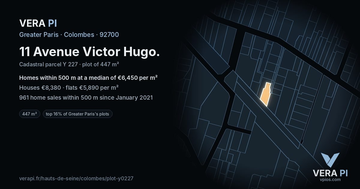 11 Avenue Victor Hugo, Colombes at night – the plot lit, the parcels around coloured by the prices near them