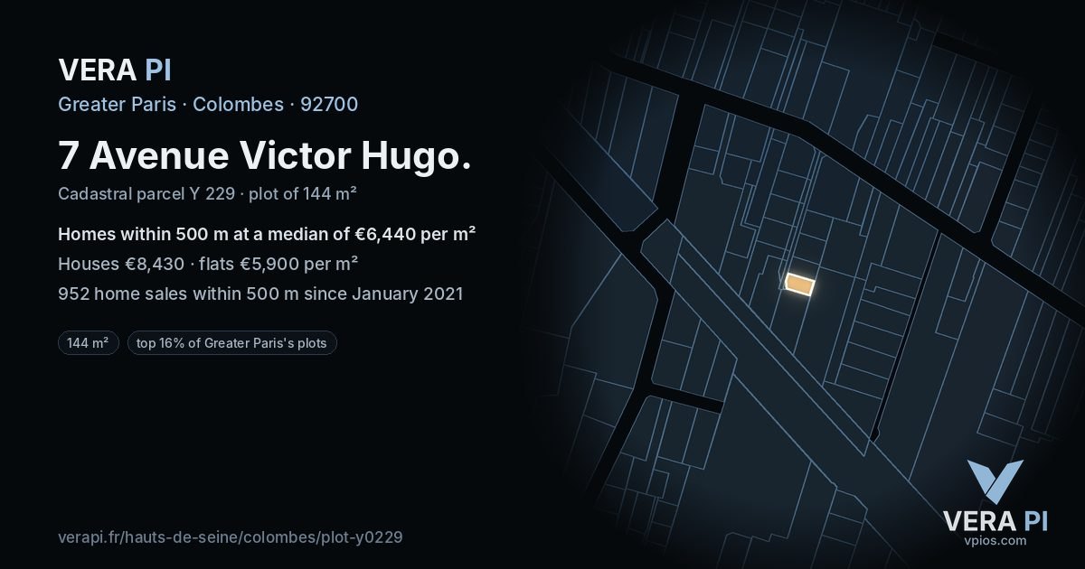 7 Avenue Victor Hugo, Colombes at night – the plot lit, the parcels around coloured by the prices near them